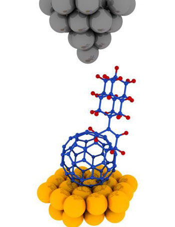 illustration of a buckydiamondoid molecule under a scanning tunneling microscope