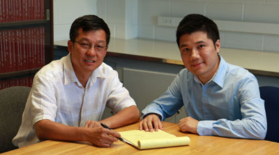 Feng Liu (left), chair of the University of Utah Department of Materials Science and Engineering, and Miao Zhou, a postdoctoral fellow