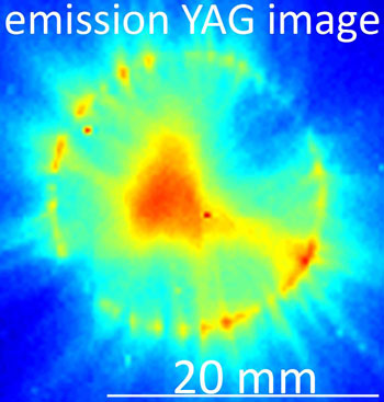 An image of an electron beam produced on an Yttrium-Aluminum-Garnet (YAG) phosphor screen