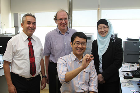 IBN’s Prof. Jackie Y. Ying, Dr. Jinhua Yang (seated), with Hydro-Québec’s Dr. Michel Trudeau and Dr. Karim Zaghib