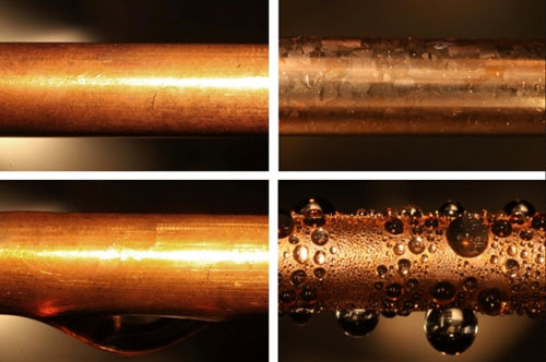 An uncoated copper condenser tube (top left) is shown next to a similar tube coated with graphene