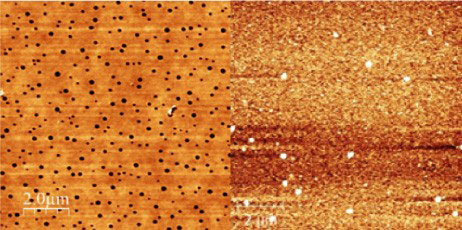 Atomic Force Microscopy (AFM) images show pinholes in the spiro-OMeTAD layer prepared by spin-coating (left) versus no pinholes when prepared by vacuum evaporation (right)