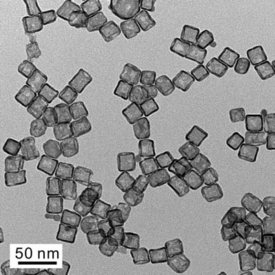 A transmission electron microscope image shows a typical sample of platinum cubic nanocages