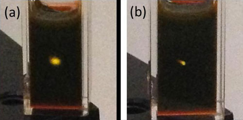 Photographs of upconversion in a cuvette containing cadmium selenide/rubrene mixture