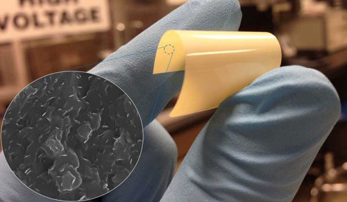 Researcher holds flexible dielectric polymer. Insert shows boron nitride nanosheets