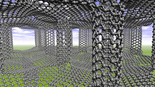 Carbon nanotube pillars between sheets of graphene