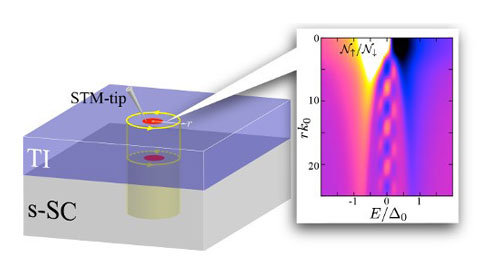Schematic of Majorana particles localized inside the core of quantum vortex of a topological superconductor and the distribution of density of states of quasiparticle excitations based on the theoretical calculations