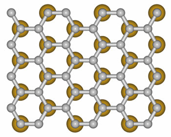 The model illustrates how gold atoms sit under the graphene