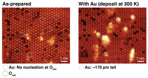 STM images of CeO2-x(111) ultrathin films before and after the deposition of Au single atoms