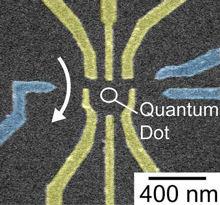 A scanning electron microscope image of a quantum dot experimental setup