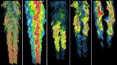 These images were generated by a computer simulation of flames produced by a jet of gas of the sort that generates heat energy in fuel-injected automotive engines