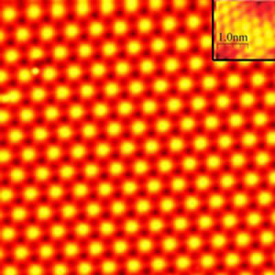 >a scanning tunneling microscope image of the 2-atom thick lead film