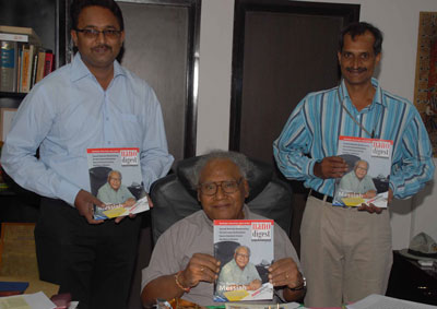 >Editor K. Jayadev, Prof. CNR Rao, and K. hari Prasad, CEO of Nano Digest unveiling the first edition of Nano Digest, India's first magazine on nanotechnology