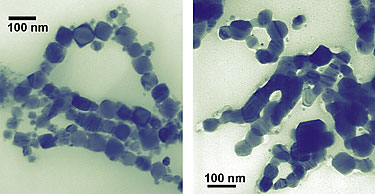 >These cubes of cobalt (left/top), measuring about 50 nanometers wide, are showing scientists that, on the nanoscale, a change in shape is a change in property. Unlike smaller spherical cobalt nanoparticles, nanocubes melt and fuse (right/bottom) when illuminated by a transmission electron microscope and possess different magnetic characteristics than the nanospheres as well