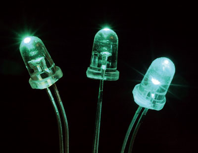 >packaged green LEDs on InGaN multiple quantum well devices grown at Cambridge University.