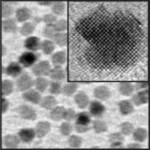 A high resolution electron micrograph image of magnesium oxide nanocrystals; the inset shows a single nanocrystal