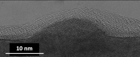 TEM picture of a quantum dot on a gallium arsenide layer. On top is a glue layer due to TEM preparation only