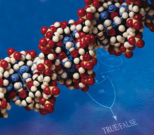 3D molecule on logic gate background