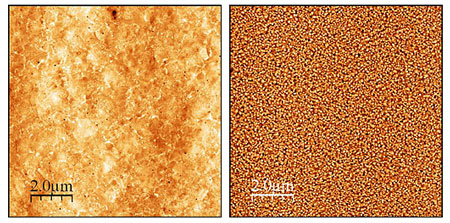 The flip-chip lamination method creates an ultra-smooth gold surface (left), which allows the organic molecules to form a thin yet even layer between the gold and silicon