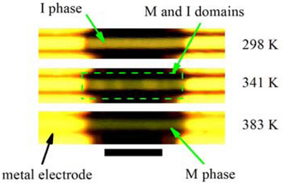 These optical images of a multiple-domain vanadium oxide microwire taken at various temperatures show pure insulating (top) and pure metallic (bottom) phases and co-existing metallic/insulating phases (middle) as a result of strain engineering
