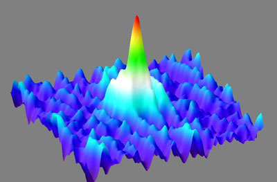 Like a giant wave in the midst of a sea of gaseous calcium atoms, the Bose-Einstein condensate soars