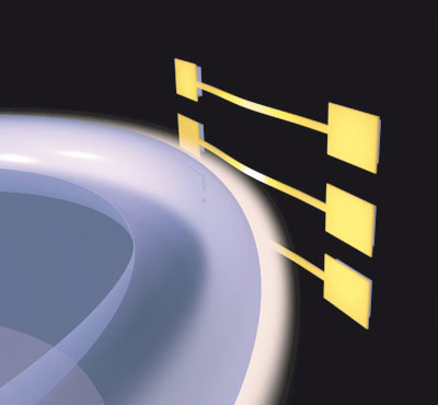 nano-strings (yellow) interact with the optical near-field which leaks out of the toroid glass-resonator