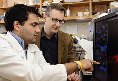 Doctoral student Shyam Khatau, left, and Denis Wirtz, director of the Johns Hopkins Engineering in Oncology Center