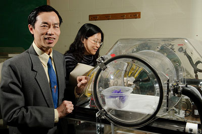 Professor Leon Shaw with a graduate student in his lab at the Institute of Materials Science
