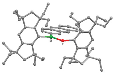 Molecular structure of the Si=P double-bond compound containing the anthryl aromatic group on the silicon atom (Si), and showing the high coplanarity of the pi-framework enforced by the two perpendicularly fixed bulky ‘Rind’ groups