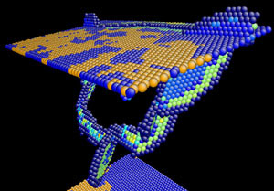 Two parallel atomic planes representing ‘twin boundaries’ between copper crystal grains