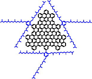 A 2-D view of a graphene sheet (black) and attached sidegroups (blue)