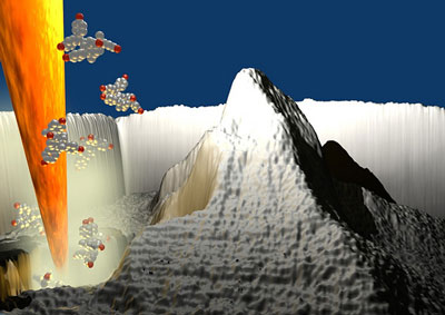 3D rendered image showing a heated nanoscale silicon tip, borrowed from atomic force microscopy, that is chiselling away material from a substrate to create a nanoscale replica of the Matterhorn