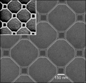 A fragment of a superconducting thin film patterned with nano-loops measuring 150 nanometers on a side (small) and 500 nanometers on a side (large), where the nano wires making up each loop have a diameter of 25 nanometers