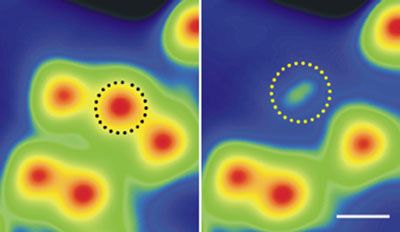 STM images record the transformation of an individual water molecule on ultrathin MgO (center of left panel) into a hydroxyl group (center of right panel) through vibration-enhanced resonance