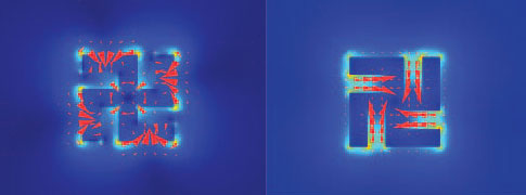 Optical forces induced on a light mill motor by an illumination wavelength of 810 nanometers (left) and 1,700 nanometers