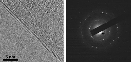 A transmission electron microscope image, left, shows one-atom-thick layers of hexagonal boron nitride edge-on