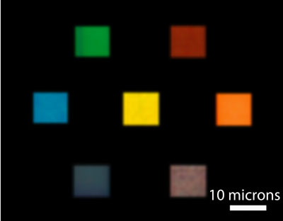 An optical microscopy image of seven color filters illuminated by white microscope light