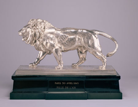 Antoine-Louis Barye, Walking Lion; Striding Lion (Racing Trophy), 1865, silver on marble plinth