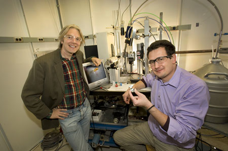 Simon Billinge (left) and Emil Bozin (right) at beamline X17A at the National Synchrotron Light Source