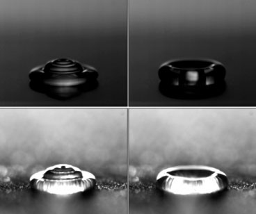  images of water droplets striking a hydrophobic surface that is dry (top) or frosted