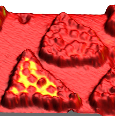Scanning tunneling microscopy of organic molecules. Coloring indicates variable spin orientation