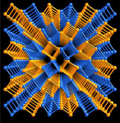 3-D image illustrates a lattice composed of columns of squares that represent repeating molecular structures