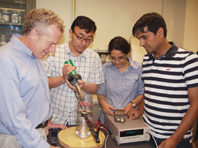 Pictured (from left) are aerospace engineering and mechanics professor Richard James, Ph.D. student Yintao Song and post-doctoral researchers Kanwal Bhatti and Vijay Srivastava