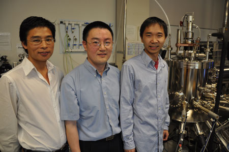 From left, Guoping Wang, a graduate student, Jianlin Liu, a professor of electrical engineering, and Sheng Chu, a graduate student. 