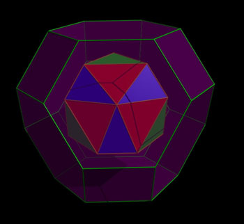simplified representation of a compound (red, blue and green) nesting inside a single truncated octahedron