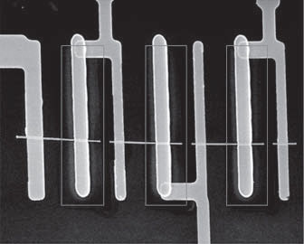 This scanning electron microscopy image shows three solar cells in series on a single nanowire with the core–shell regions outlined