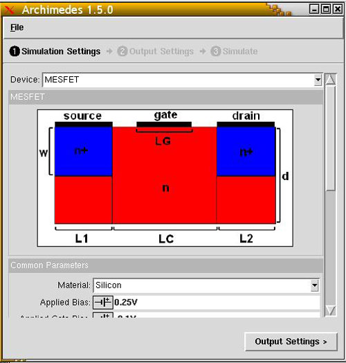 Screenshot of the online Archimedes GUI for a MESFET device