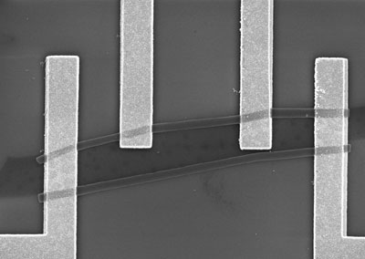 This scanning electron microscope image shows contacts placed onto a graphene sheet