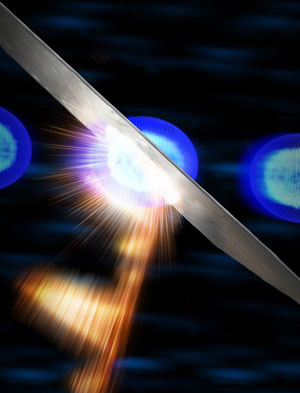 In this illustration of a terahertz pulse, light emerges from small sheet of metallic foil