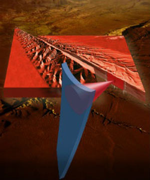 A photo illustration of an atomic force microscope probing the San Andreas fault